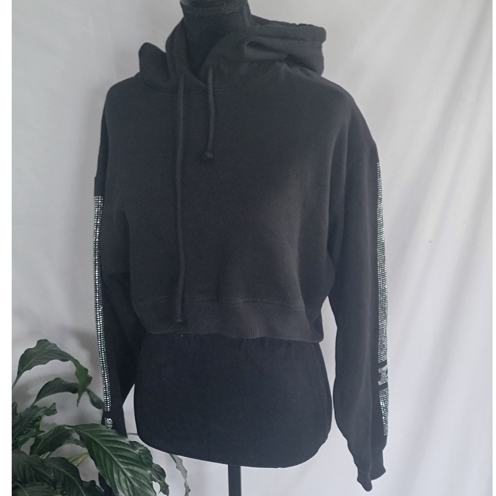Pink Victoria's Secret Cropped‎ Hoodie Black Rhinestone Sleeve Logo XS